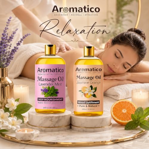 Image of AROMATICO - Lavender Mint & Jasmine Orange Massage Oils Pack of 2. For Mood Upliftment, Muscle Relaxation & Skin Nourishment, 100% Natural, Non-Sticky 300ml Pack of 2