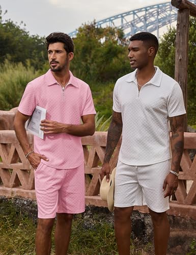 Image of URRU Mens Textured Polo Shirt and Shorts Sets Outfits 2 Piece Summer Tracksuits Casual Quarter Zip Golf Polo Shirts