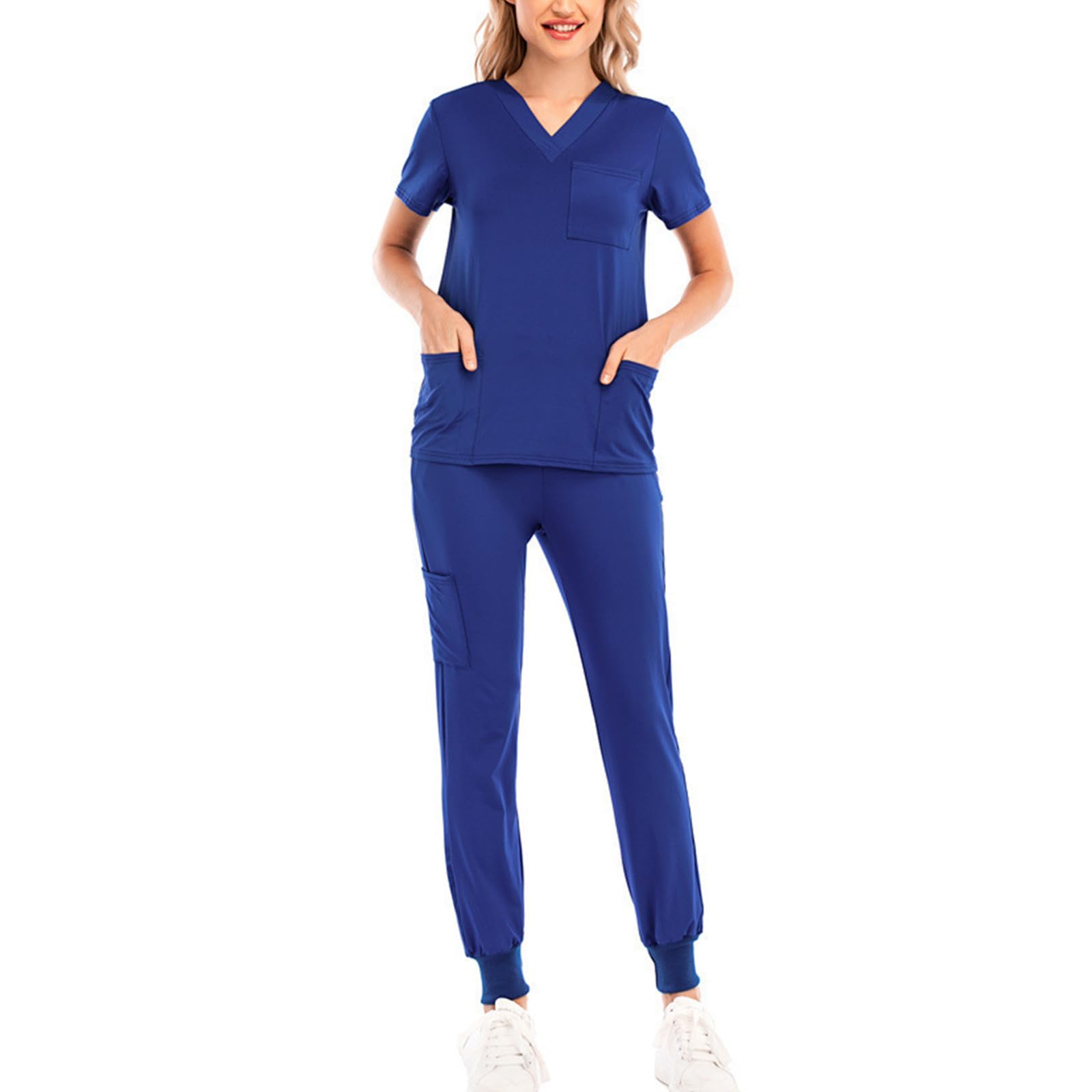 HAOLEI Uniformes Sanitarios Mujer Médico Set 2 Piezas Conjunto de Cuello V Casaca Manga Corta y Pantalón Rectos para Profesionales Sanitarios Cómoda y Profesional Ropa Sanitaria de Trabajo