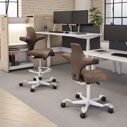 Image of HAG Capisco Sit to Stand Chair-White Frame-Upholstered Brown Mahogany Vinyl