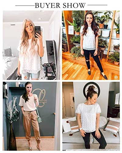 Btfbm Women's Cute Swiss Dot Casual Summer Tops Crewneck Short Sleeve Chiffon Blouses Solid Color Loose Fit Shirts Tees (White, Large) #TOP3