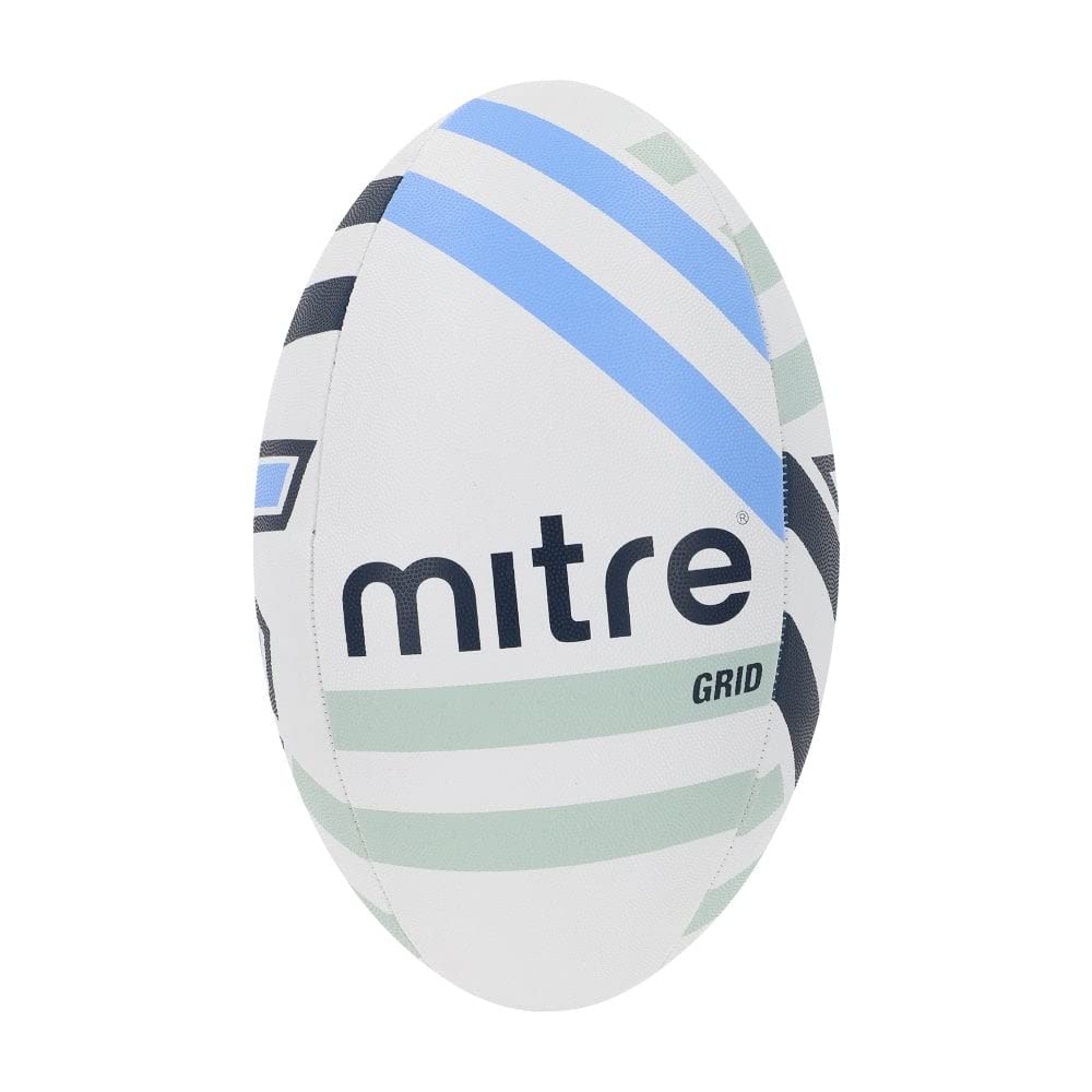 Mitre Grid Rugby Ball Size 4 Extra Strong Lining, Full Weight, White/Navy/Sky