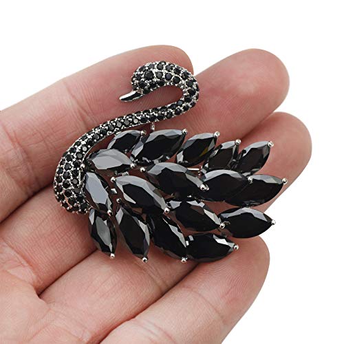 Elegant Black Cubic Zirconia Crystal Swan Bird Brooch Pins Breastpin Bouquet Wedding Jewelry Pendant For Women Bridal Gift (Large) #TOP1