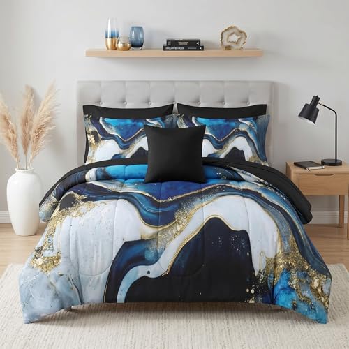 Pamnest Queen Comforter Set with Sheets, 7 Pieces Deep Blue Bedding