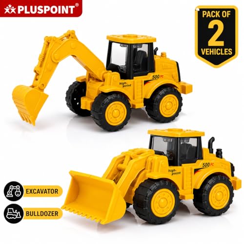 Image of PLUSPOINT Construction Excavator & Bulldozer Toy Vehicles Set for Kids | Friction Powered Push & Go Construction Trucks | Pretend Play Building Vehicle Toys for Boys & Girls Age 3+