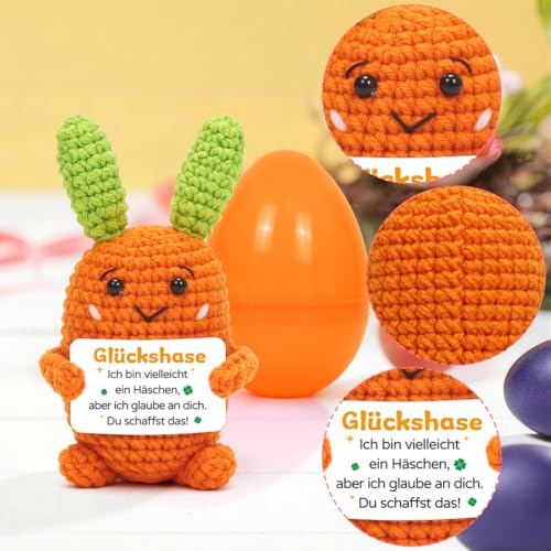 HUKUMA Pocket Hug Hase, Ostern Geschenke, Glückshase + Orange Ostereier, Gehäkeltes Emotional Support Geschenk, Gehäkelte Glücksbringer, Ostern Geschenke für Kinder