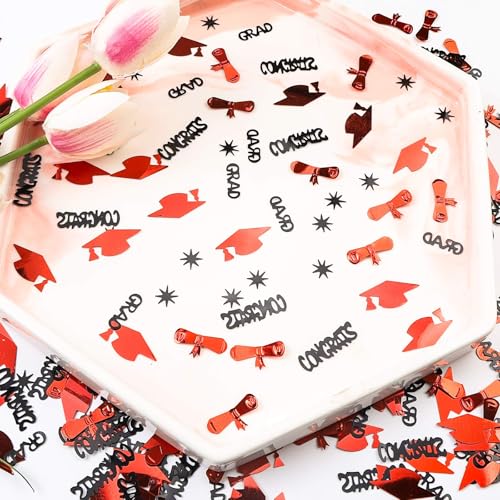 Image of Red and Black Graduation Confetti 2026, 1000 Pcs Class of 2026 Table Centerpiece Grad Confetti for 2026 Graduation Party Decorations Supplies