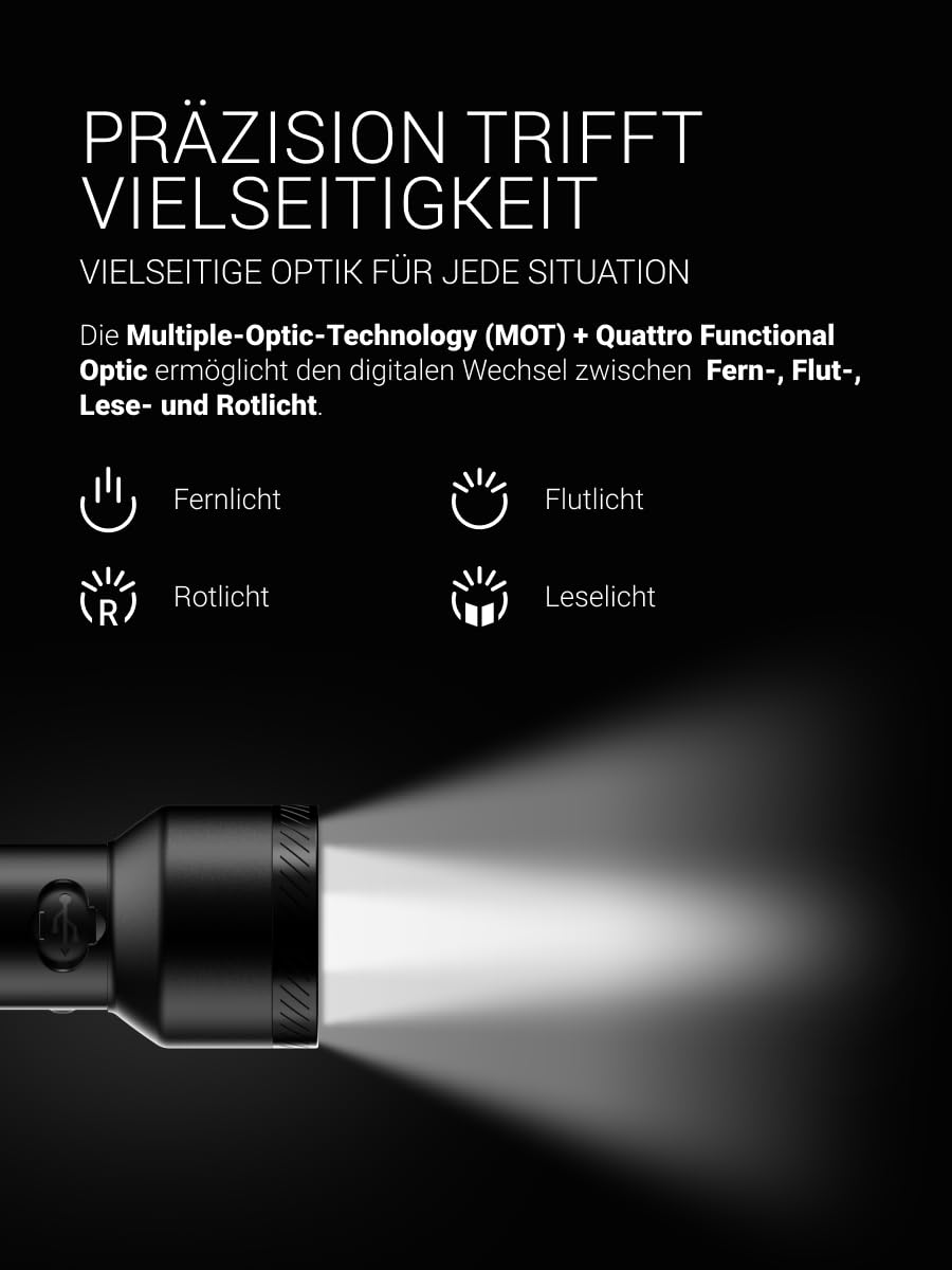 Zweibrüder ZB8T Taschenlampe 4000 Lumen, LED mit Digital Focus | Multiple Optic Technology, USB-C aufladbar inkl. Ladestation, IP66, für Camping, Outdoor, Wandern und Freizeit