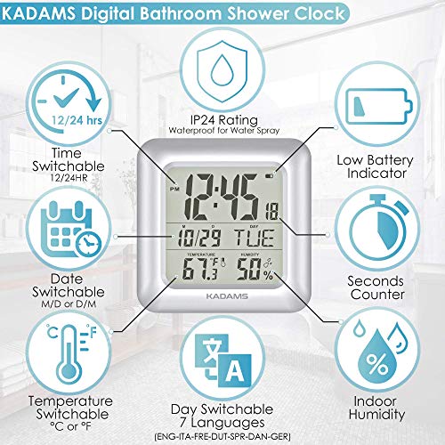 Kadams Bathroom Digital Clock With Large Lcd Screen - Shower Wall Clock With Timer - Water Resistant - Temperature & Humidity Display - Calendar Display - 4 Mounting Options (Silver) #TOP2