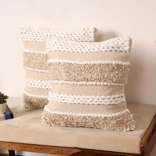 Image of Boho Cushion Covers 16x16 Inch Pack of 2 | Handcrafted Woven Tufted Cotton Throw Pillow Covers | Bohemian Decorative Sofa Cushion Cover Both Sides Fabric | Beige Cream Textured Pillow Covers