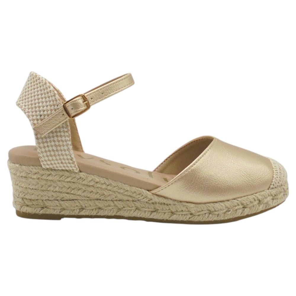 mysoft - 25M102 Alpargatas de Mujer Platino con Cuña 4 cm, Plataforma 2 cm, Cierre de Hebilla, Planta de Gel Acolchada y Puntos de Relajación para: Mujer