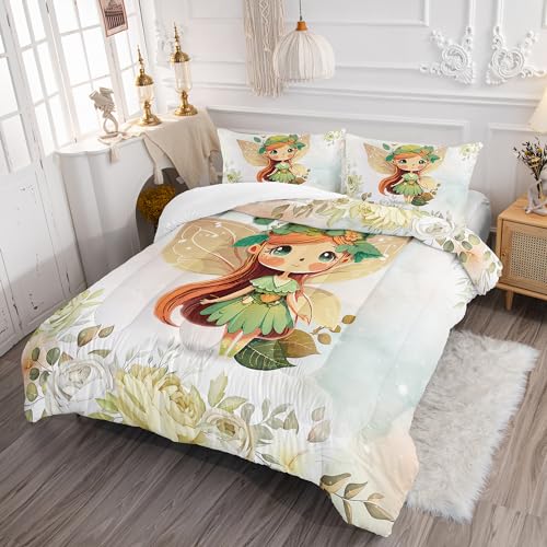 Image of AILONEN Fairy Comforter Set Queen Size, Pretty Butterfly Bedding Set for Kids Boys Girls, Watercolor Nature Plant Flowers Bed in a Bag, Kawaii Duvet Set, 3 Pieces, 1 Quilt and 2 Pillowcases