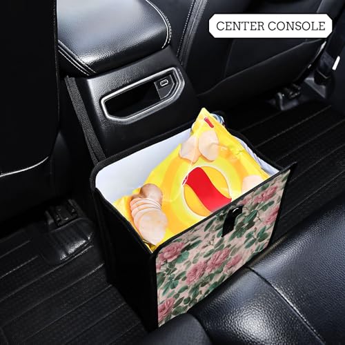 Image of Car Trash Can Organizer Bin with Adjustable Strap for Back Front Seat Console Waterproof Leakproof Collapsible Portable 11 Inch Pink Vintage Roses with Leaves