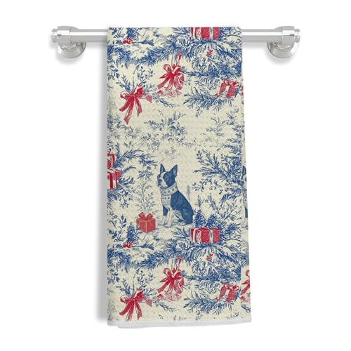 Image of Christmas Blue red Boston Terrier Kitchen Towels, Vintage Dog Lover Gifts Dish Tea Towels for Kitchen, French Chinoiserie Holiday Decorative Hand Towel for Bathroom, 16x24 Inch