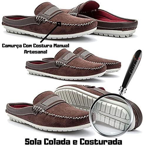 Kit 2 Mule Com Sola Costurada Tênis Aberto Casual Em Couro Camurça Estilo Mocassim Cor:Preto e Café;