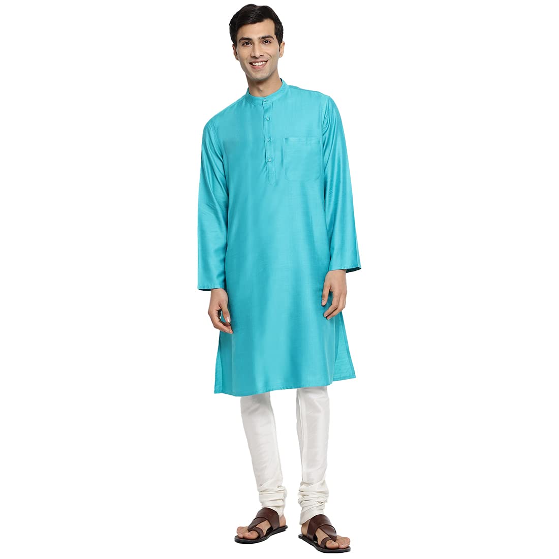 Turquoise Viscose Silk Woven Long Kurta-image-12
