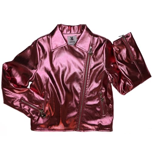 Girls Metallic Jacket, Silver/Pink Faux Leather Biker Jacket with Rainbow Heart Patch, Side Pockets
