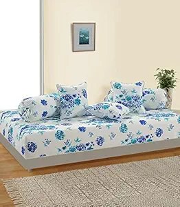 Swayam Diwan Set Cotton 6 Piece Diwan Printed Bedsheet Set for Living Room Hall (Set of 6 Piece, 1 Diwan Sheet | 2-Bolster Cover | 3 Cushion Covers) Soft Feel,White