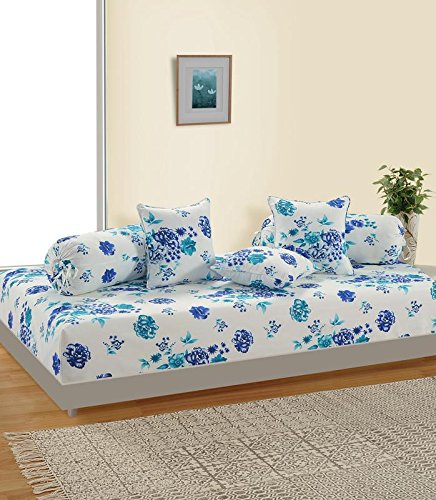 Swayam Diwan Set Cotton 6 Piece Diwan Printed Bedsheet Set for Living Room Hall (Set of 6 Piece, 1 Diwan Sheet | 2-Bolster Cover | 3 Cushion Covers) Soft Feel,White
