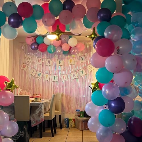 Image of HILAVO Pink and Purple Balloons, 60PCS 12Inch Purple Pink Teal Blue Balloons and Gold Birthday Balloon for Girls Princess Birthday Mermaid Baby Shower Party Decorations