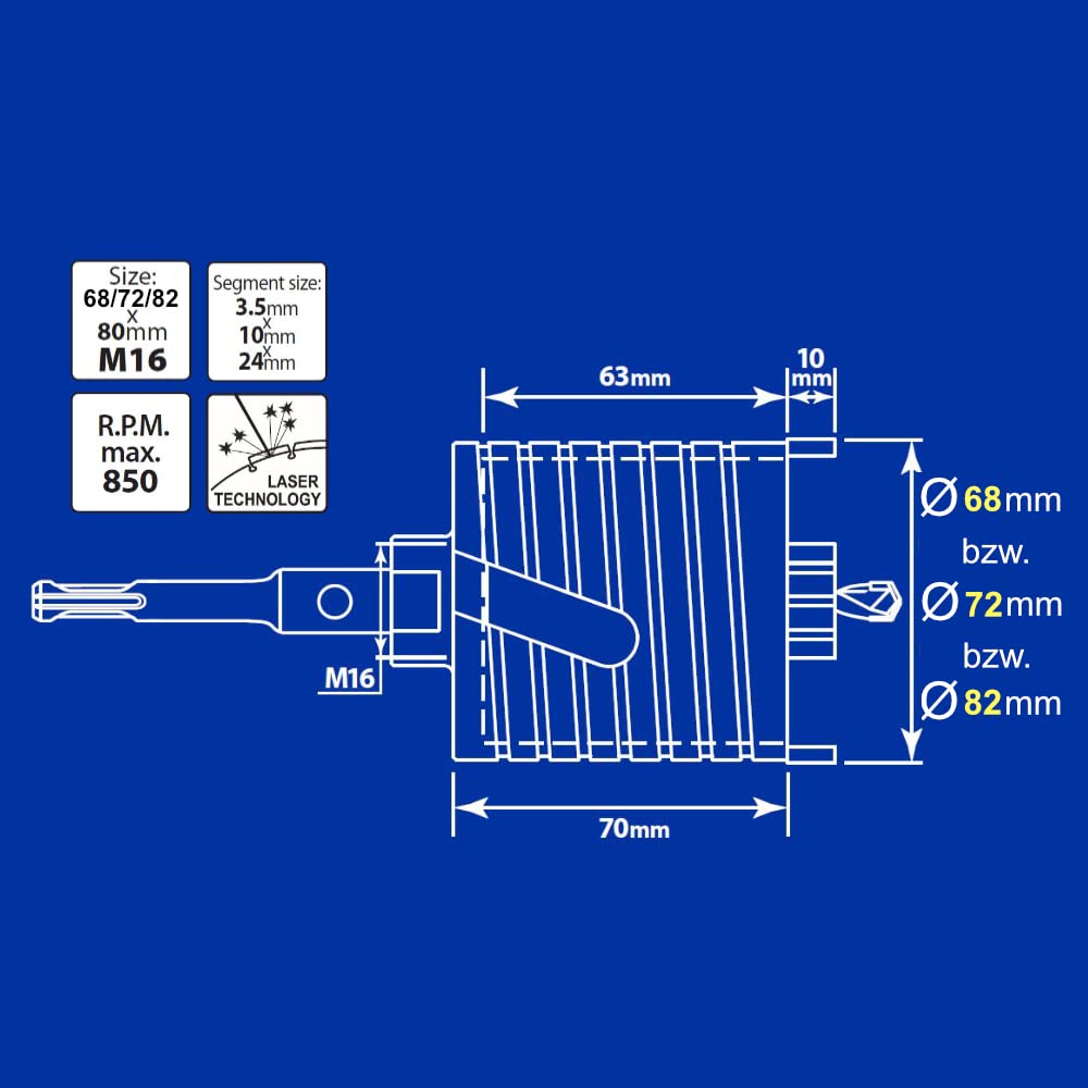 S&R Diamant-Bohrkrone 82 mm SDS-plus Dosensenker, Dosen-Bohrer für Beton, Vollziegel, Hohlziegel, Mauerwerk, Kalksandstein, Poroton und Naturstein, Trockenbohrkrone für Steckdosen