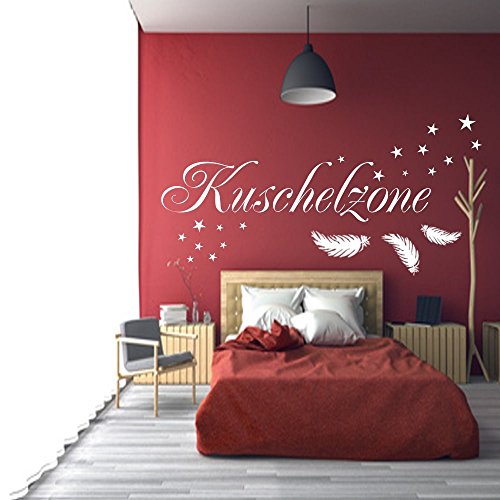 WANDTATTOO Wandschnörkel ® Kuschelzone Spruch mit Federn und 18 Sterne Größen/Farbauswahl HM~AA100