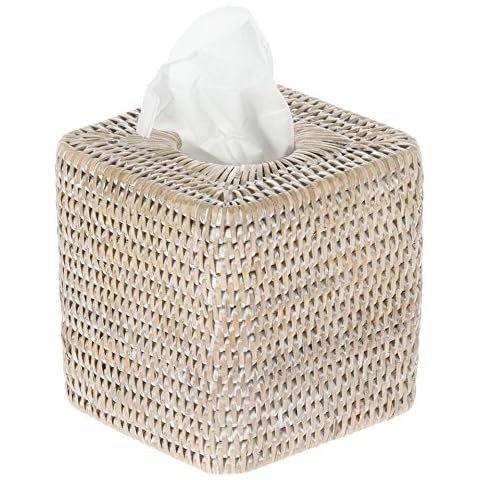 Kouboo La Jolla Rattan Square Tissue Box Cover, White Wash, Rattan & Wicker, 13.97 x 13.97 x 14.61 cm Cover