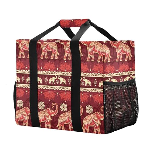 Large Tote Bag Elephant on Red Reusable Grocery Bag Beach Bag Travel Tote Bags