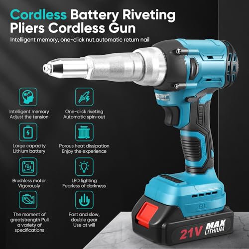 Mekturm Cordless Rivet Gun with 2x1500mAh Battery,Battery Pop Rivet Gun for Screwdrivers and Drills,Riveting Pliers Cordless Gun with 25000N High Power for 2.4-5.0 mm Blind Rivets
