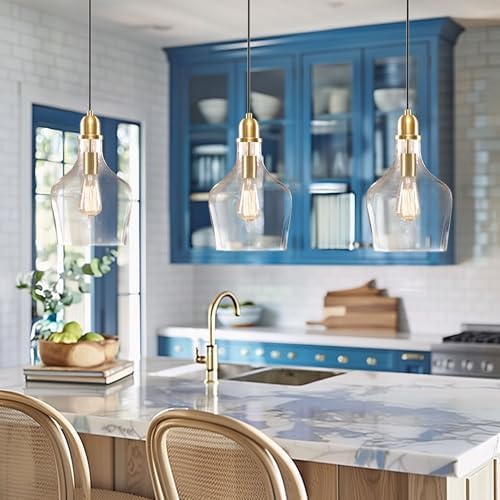 Image of Ink+Ivy Auburn Pendant Kitchen Lighting for Dining Room, Industrial Lights, Hand-Blown Glass Bell Shaped Pendant Light for Kitchen Island, Foyer, Bedroom, 13 inch Dia x 95.5 inch H, Gold /Clear