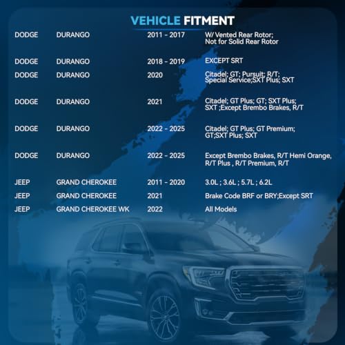 Image of Detroit Axle - Rear Vented Rotor Brake Pad Kit for 2011-2025 Dodge Durango | 2011-2021 Jeep Grand Cherokee Disc Brakes Rotors Ceramic Brake Pads with Hardware Replacement [Not for Solid Rear Rotor]