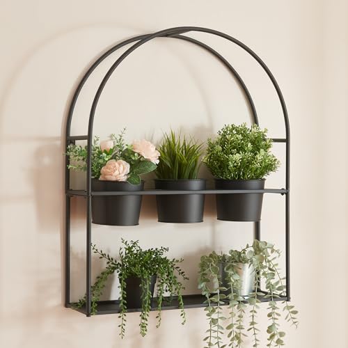[en.casa] Portapiante da Parete Supporto per Piante con 2 Ripiani e 3 Portavasi Portafiori da Muro in Metallo Portapiante con Telaio Arcuato 65 x 52 x 15 cm Nero