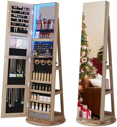 Full Length Mirror Jewelry Cabinet With LED Lights & Storage - 360° Swivel Standing Armoire With Makeup Shelf, Drawer, And Shelves (Brown)