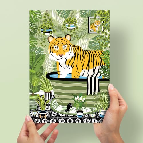 Parmaro Tiger Bath Print - A4 UNFRAMED, Animal Toilet Decor, Green Black, Tropical Bathroom Theme, 29.7L x 21W cm - Image 3