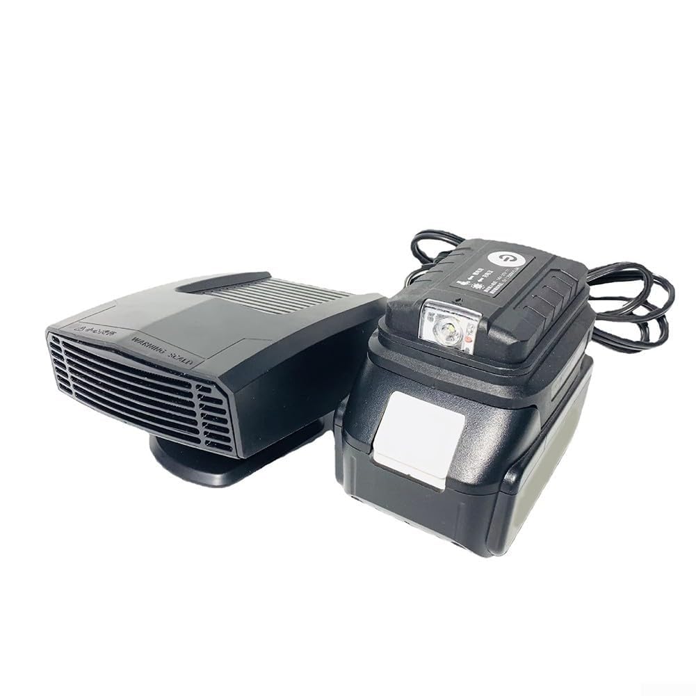 Przenośny grzejnik postojowy i wentylator rozmrażania, ogrzewanie samochodowe z dwoma portami USB, adapter obracany o 360 stopni, nadaje się do akumulatora 18 V DC 14-21 V (czarny)