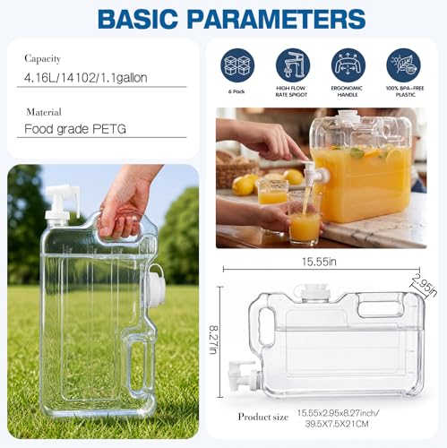 Image of Funnymoom 6 Pcs Drink Water Dispenser for Fridge 1.1 Gallon Beverage Dispenser with Spigot Plastic Reusable Refrigerator Water Dispensers Waters Jug Container for Party Outdoors Camping Hiking Home
