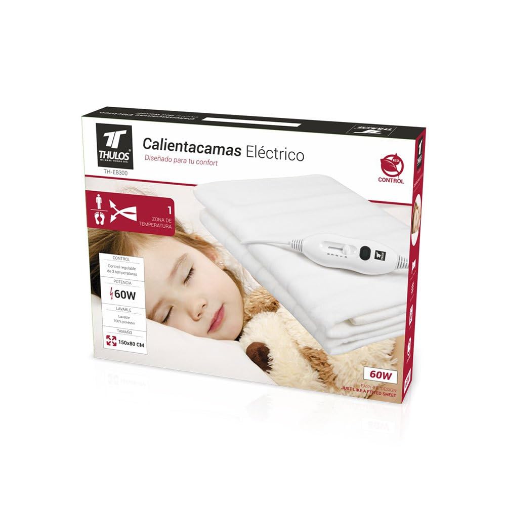 Calientacamas eléctrico en color blanco, dimensiones: 150 * 80 cm, lavable. 2 ajustes de temperatura. Potencia: 60W. THULOS TH-EB300.