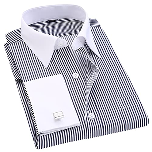 Chemises rayées pour homme à poignets mousquetaires - Chemises habillées décontractées à manches longues avec col blanc - Design pour chemise de smoking de mariage