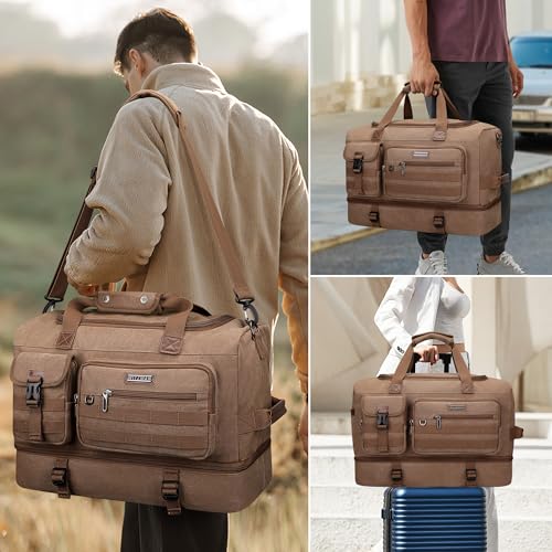 WITZMAN Duffle Bag for Men 50L Canvas Weekender Overnight Bag with Toiletry Bag Sets Travel Duffel Bag Shoes Compartment（A8010-2 Brown）2