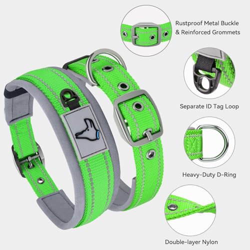 Image of Joytale Dog Collar for Extra Large Dogs, Neoprene Padded and Adjustable, Reflective Wide Heavy Duty Pet Collars with Durable Metal Belt Buckle for Walking, Green, XL