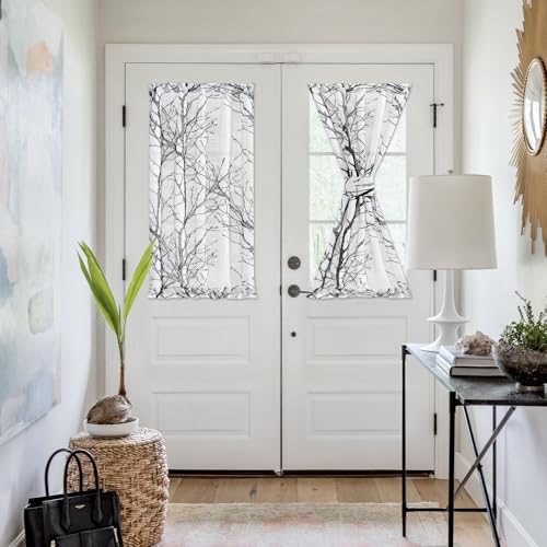 Image of FMFUNCTEX Semi-Sheer French Door Curtains - 40 Inch Long White and Black Print Branch Tree Half Panel for Front Glass Door - 50 Inch Wide