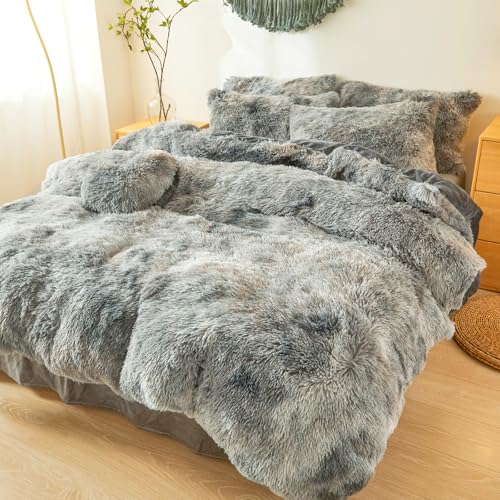 Shaggy Fluffy Tie Dye Dark Gray Comforter Cover King Set – Faux Fur Shaggy Tie Dye Dark Gray Bedding 3-Piece Set (1 Duvet Cover + 2 Furry Pillow Shams) Cozy Bed Set