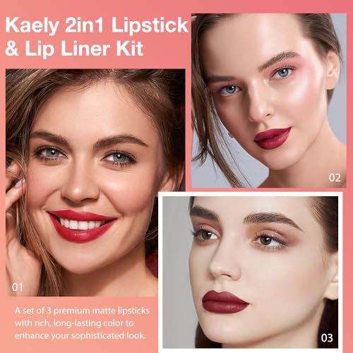 Image of Kaely 3Pcs Gradient Matte Lipstick Lip Liner Pencil Set for Women, 2in1 Flawless Contour Gradual Ombre Effect Lip Pencil Makeup Waterproof, labiales mate 24 horas originales, 01+02+03