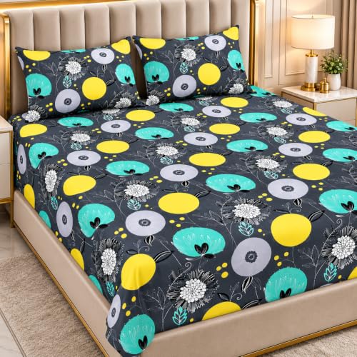 Image of Dream Living Microfiber Polycotton Flat Queen Double Bedsheet 144 TC, Size-(90 inchX100 inch Inches) (228 Cm X 254 Cm) with 2 Pillow Cover 17X27 Inchses (43X68) (Black-Lemon-Dot, Queen)