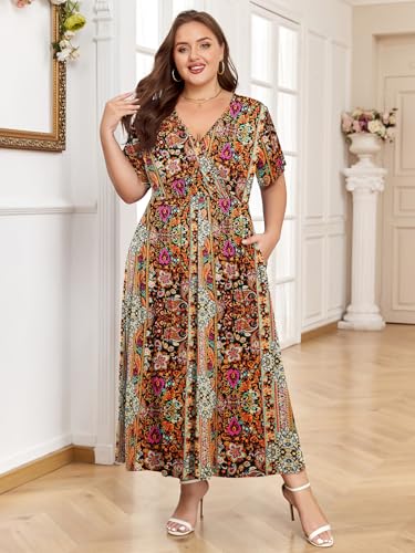 Image of BELAROI Womens Plus Size Maxi Dress Summer Wrap V Neck Flowy Long Sundress Beach Dresses with Pockets