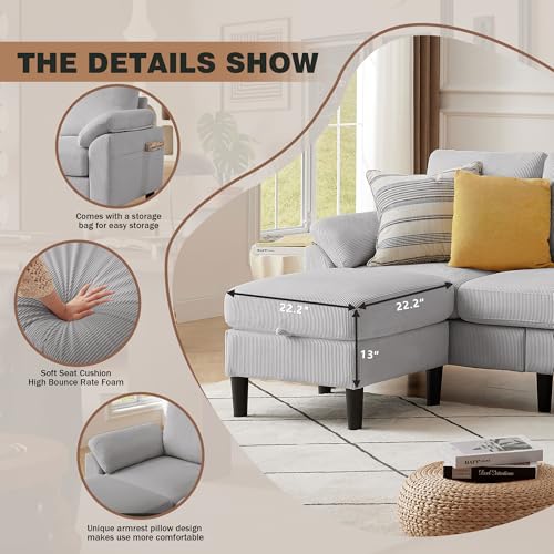 Image of 80''L Shaped Sectional Sofa Couch, 3 Seater Corduroy Sofa with Storage Ottoman, Removable & Washable Cushion Covers, Side Pockets, Modern L Couch for Living Room, Light Grey