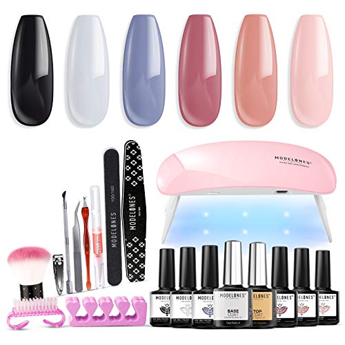 Gel Nail Polish Kit with LED Light Starter Kit, 6 Soak Off Gel Nail Polish 7ml, 6W Portable Mini Lamp, 10ml Base and Top Coat, Manicure Gel Nail Kit for Beginner, Gift for Girls by Modelones
