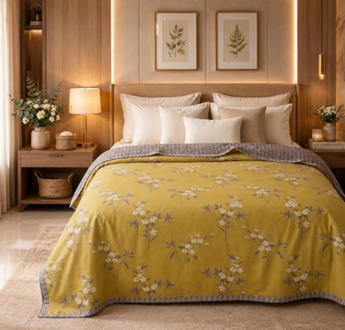 Image of BSB HOME Cotton Dohar for Double Bed, Lightweight AC Dohar Blanket, Soft Breathable Fabric, All-Season Comfort, Easy Care - 85 x 88 Inches (216 x 224 cm) (Mustard Meadow)