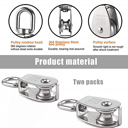 25MM Umlenkrolle, Flaschenzug Einzelsatz in Edelstahl 304, Schalen Riemenscheibe Roller für Seile, Tragkraft 150kg - 2Pack