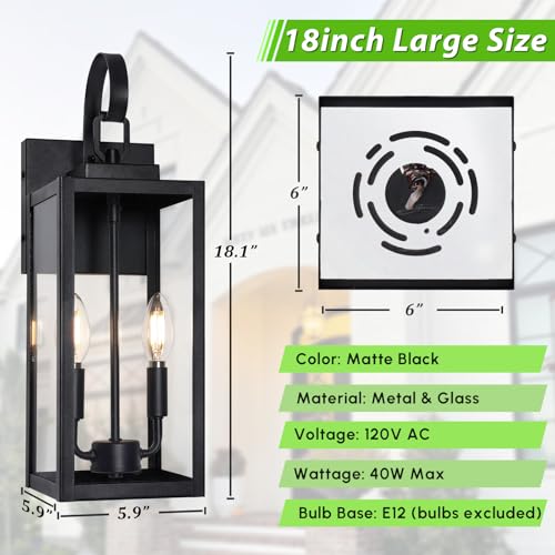 Image of 18 inch Large Outdoor Wall Light, 2-Light Black Exterior Sconce | Waterproof, Rust-Resistant, Durable Metal with Clear Glass, Standard E12 Socket, Easy to Install